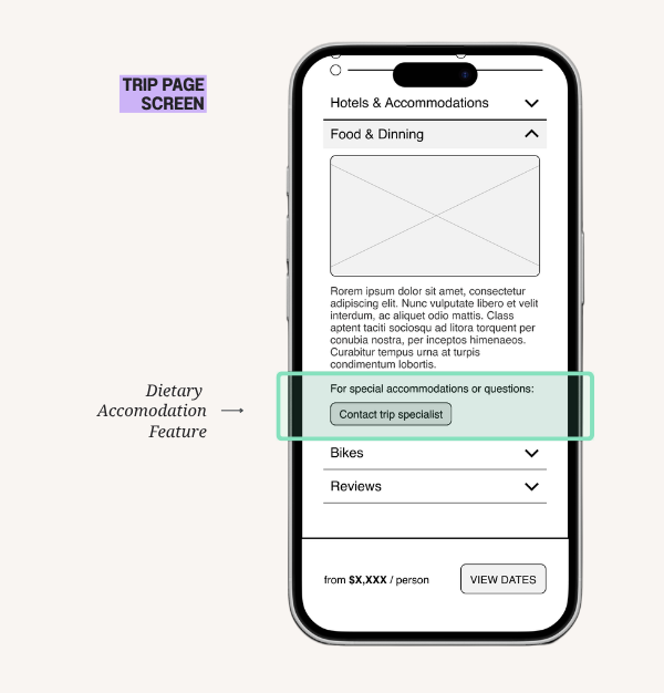 Trip Page Screen with Dietary Accommodation Feature